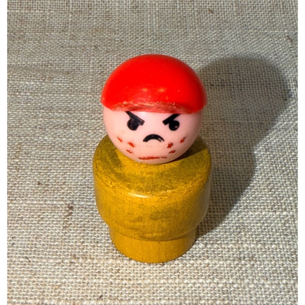 Vintage Fisher Price‎ Little People Mean Boy Angry Face Wood Body Red Hat toy